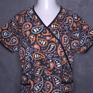 US Scrubs Top Halloween Paisley Skull Print Scrub Shirt Large Pockets Tie Back